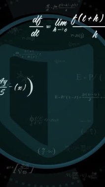 Matematiksel denklemler ve bilimsel formüller dairesel dijital arayüz üzerinde animasyon. Teknoloji, bilim, matematik, yenilik, fütüristik, veri