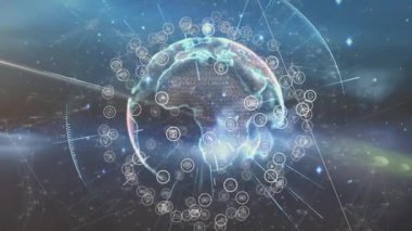 Gelişmekte olan dünya, veri büyümesini sağlayan, simgeler ortaya çıkarken dönen ve akışı gösteren çizgiler. Gelecek, teknoloji, bağlantı, yenilik, dijital, soyut, ağ