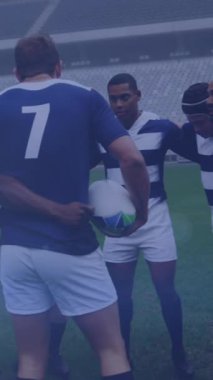 Animation of glowing lights over diverse rugby players in sports stadium. rugby, teamwork, sports and competition concept digitally generated video.