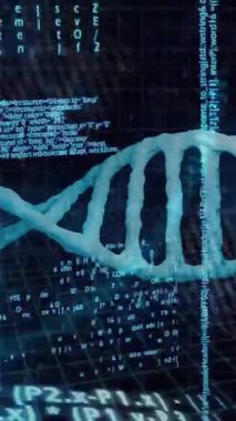 DNA dizisi ve ikili kodlama, bilimsel veri işleme animasyonu. Genetik, biyoteknoloji, araştırma, bilim, biyoenformatik, molekül