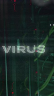 Veri işleme ve sunucu odası üzerinden virüs metninin animasyonu. Teknoloji ve dijital arayüz kavramı dijital olarak oluşturuldu.