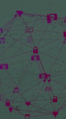 Gri arkaplan üzerinde dönen dijital simgelerin küre animasyonu. Küresel ağ ve iş teknolojisi kavramı