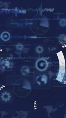 Dairesel grafikler ve sayısal göstergelerle dijital veri işleme animasyonu. analitik, bilgi, istatistik, teknoloji, görselleştirme, bilgi