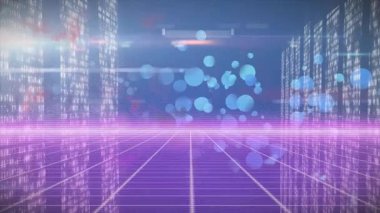 Neon pembe ışınların maddeleşmesinden sonra, yarı saydam mavi küreler ileri doğru yüzerek veri akışını gösteriyor. Fütürist, dijital, siber, teknoloji, soyut, enerjik, neon