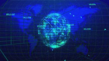 Veri etiketlerini açan arayüz, istatistikleri gösteren dönen dünya etrafında dönen kavisler gibi görünen ızgara. Dijital, fütüristik, teknoloji, soyut, veri, görselleştirme, 3d