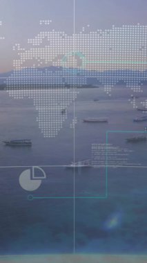 Dünya haritası ve veri analizi teknelerle kıyı manzarası üzerinde animasyon. Teknoloji, haritalama, kıyı şeridi, görselleştirme