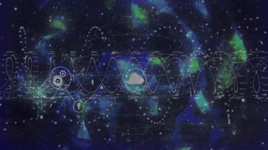 Dalga formunda cisimleşen bulut simgesi, nebula üzerinden şebekeye bağlanan dokuz simgeye öncülük ediyor. Teknoloji, bağlantı, yenilik, dijital, fütüristik, iletişim, ağ