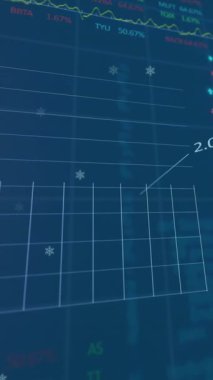 Arka plandaki kar tanelerinin üzerinde birden fazla grafik ve takas panolarının animasyonu. Dijital olarak üretilen hologram, illüstrasyon, rapor, iş dünyası, kış, soyut ve borsa kavramı.