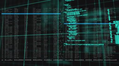 Parlak ızgara görünümü UI yayın kodunu başlatıyor ve bayrakları renklendiren tablo satırlarını tarıyor. Fütürist, dijital, soyut, yüksek teknoloji, arayüz, siber güvenlik, veri analizi