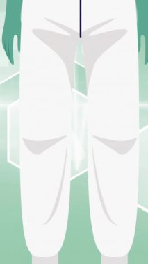 Yeşil arka planda dijital simgelerin üzerine yüz maskesi ve güneşlik takan doktorların animasyonu. küresel covid 19 salgın konsepti dijital olarak oluşturulmuş video.