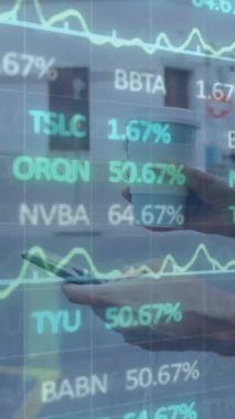 Animation of trading board over caucasian woman with coffee using smartphone while walking outdoors. Digital composite, multiple exposure, stock market, drink and technology concept.