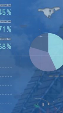 Animation of interface with data processing against tall building. Computer interface and business technology concept