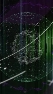 Yuvarlak tarayıcının animasyonu ve bilgisayar sunucu odasıyla bağlantı ağının küresi. Küresel ağ ve iş veri depolama teknolojisi kavramı