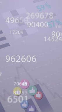 Animation of multiple changing numbers and like icons against statistical data processing. Social media networking and business data technology concept