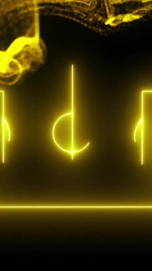 Siyah zemin üzerinde dönen parçacıklar olan sarı parlayan futbol sahası animasyonu. neon, motion, digital, sports, dynamic, futuristic