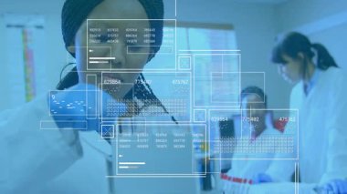 Laboratuvar deney tüpünü kaldıran ve pipete uzanan kadın bilim adamı analiz için UI panelini çalıştırıyor. Laboratuvar, araştırma, yenilik, dijital, analiz, deney, takım çalışması