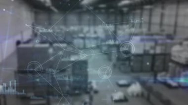 Rafların üzerinde beliren zayıf veri noktaları, borsa takibi için titreşim çizelgeleri oluşturan ağ düğümleri. Teknoloji, analitik, yenilik, dijital, lojistik, envanter, bağlantı