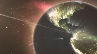 Dönen küre, titreşen ışıkları, parlayan güneşi gösteriyor. Mavi ağ bağlantıları oluşturuyor. Gezegen, teknoloji, dijital, küreselleşme, yenilik, bağlantı, gelecek