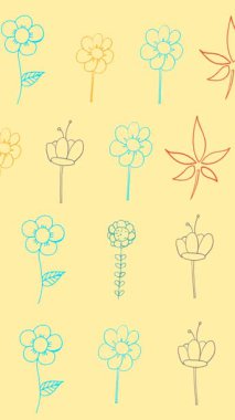 Sarı arka planda çok renkli çiçeklerin canlandırması. örüntü, bahar, yaz, doğa ve renk konsepti dijital olarak oluşturulmuş video.