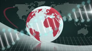 Başlangıçta kırmızı-beyaz küre yörünge şeridi, DNA sarmalı genetik ağı gösteriyor. Teknoloji, yenilik, biyoteknoloji, küresel, dijital, bilim, fütürist