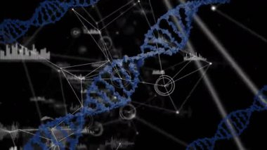 Mavi DNA sarmalı sol ağ oluşturan bilgi sistemlerine giriyor. Genomik verileri görüntülüyor. Moleküler, biyoteknoloji, yenilik, görselleştirme, fütüristik, dijital, teknoloji