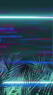 Tropikal palmiye yaprakları üzerinde arıza etkileri olan neon dikdörtgenin animasyonu. dijital, döngü