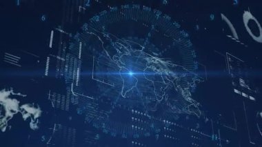 Mavi nokta beliriyor, 3 boyutlu harita oluşturmaya başlıyor, gösterge atışı, veri akışını gösteren çubuklar titreşiyor. Holografi, veri görselleştirme, dijital arayüz, teknoloji, fütüristik, analitik, siber