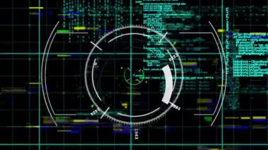 Çapraz gölgenin etrafında beyaz halka açılıyor. Dönen daireler, dönen etiketler, hatalı kodlar başlatılıyor. Teknoloji, arayüz, animasyon, siber güvenlik, dijital, geleceksel, veri