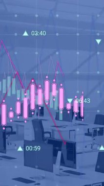 Ofisteki boş sandalyeler ve masaüstü üzerinde numaralarını değiştiren birden fazla grafik animasyonu. Dijital bileşik, çoklu pozlama, rapor, iş, büyüme, ilerleme ve teknoloji kavramı.