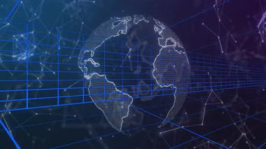 Küreden ızgara hatları üzerinden çıkan 3 boyutlu küre doğuya doğru dönüyor kıtaları ve veri noktalarını ortaya çıkarıyor. Fütürist, dijital, teknoloji, ağ, soyutlama, yenilik, bağlantı