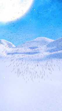 Kış manzarası arka planında dolunayın üzerine yağan karın animasyonu. Kış, Noel, şenlik, kutlama ve gelenek konsepti dijital olarak oluşturuldu.