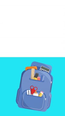 Beyaz arka planda birden fazla okul çantası simgesinin fotokopi alanına karşı animasyonu. Okul ve eğitim kavramı