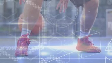 Diz çökmüş, atlet zıplayan, bacak bacak üstüne atan, dönen, senkronize olmuş. Spor, eğitim, dijital, performans, biyomekanik, egzersiz, spor