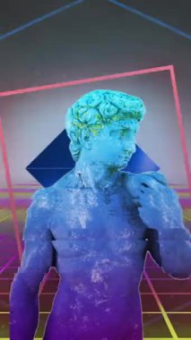 Siyah arkaplanda şekiller ve çizgiler olan heykel üzerindeki parazitin canlandırması. Şekiller, ışık, hareket ve metaevren konsepti dijital olarak oluşturulmuş video.