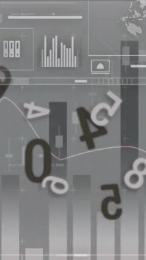 Gri arka planda finansal veri işleme animasyonu. Küresel finans, iş, bağlantılar, hesaplama ve veri işleme kavramı dijital olarak oluşturulmuş video.