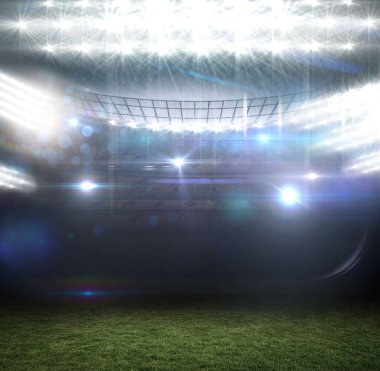 Boş spor stadyumu 3 boyutlu olarak gösteriliyor, projektörler, mercek ışıkları, çimen sahası. Amfitiyatro, modern mimari, aydınlatma, açık alan, etkinlik alanı, gece sahnesi, spor tesisleri