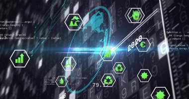 Sanal arayüz içinde veri ve ekolojik simgelerle altıgen simgelerini gösteren holografik küre gösteriliyor. Teknoloji, yenilik, görselleştirme, dijital, analitik, fütürist, ağlar