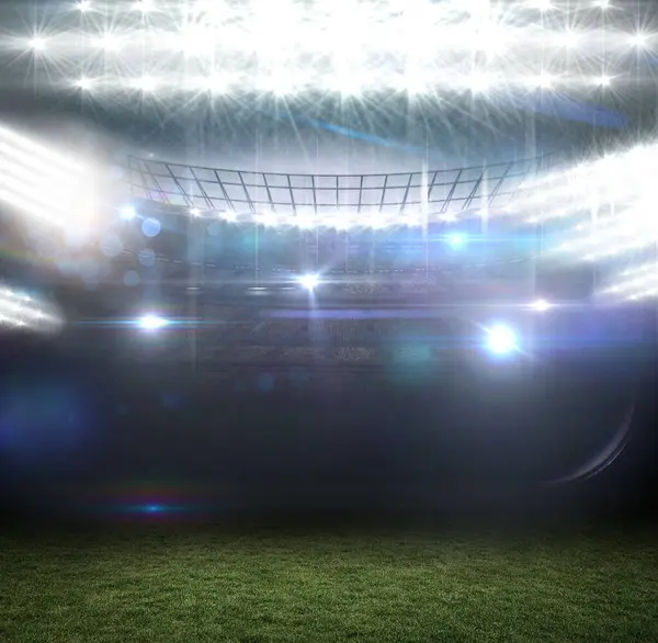 Boş spor stadyumu 3 boyutlu olarak gösteriliyor, projektörler, mercek ışıkları, çimen sahası. Amfitiyatro, modern mimari, aydınlatma, açık alan, etkinlik alanı, gece sahnesi, spor tesisleri