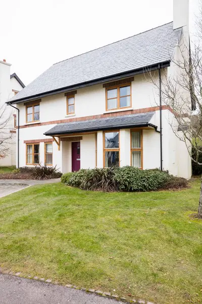 Güneşli bir günde evin önündeki çimenli bahçe.