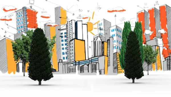 Ağaçların turuncu ve sarı ufuk çizgisine karşı dijital olarak oluşturulmuş görüntüsü