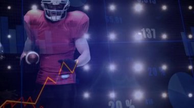 Savunma hamlesi, istatistikleri gösteren animasyon spor veri grafikleriyle kırmızı koşucuya müdahale başlatıyor. Sporcu, rekabet, analitik, performans, spor, teknoloji, yoğunluk