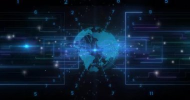 Teal 3D Dünya küresi ortaya çıkıyor, mavi veri akımları yayıyor ve sayısal halkalar ağı görselleştiriyor. Fütürist, teknoloji, dijital, ağ, bağlantı, siber uzay, soyut