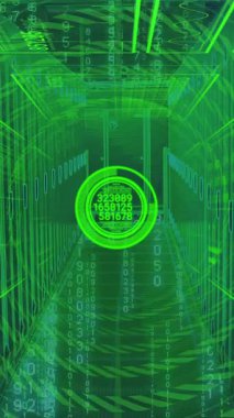 Fütüristik sanal tünel arayüzündeki yeşil sayılar ve grafiklerin animasyonu. Teknoloji, sanal gerçeklik, dijital, veri, ağ, yenilik
