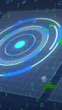 Dijital ikili kod ve şebeke arkaplanı üzerinde geleceksel hedef arayüzü animasyonu. Teknoloji, yenilik, siber güvenlik, veri, ağ, kodlama