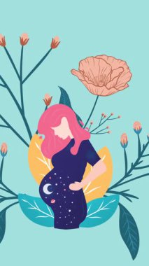 Karnında ay olan hamile kadın figürü ve mavi arka planda pembe çiçekli bitki figürü. Doğa, bahar, doğum, annelik ve refah konsepti, dijital olarak üretilen video.