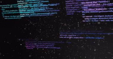 Teal ve mor kod parçaları görünüyor, sürükleniyor, soluyor ve üç boyutlu uzayda kesişiyor. Gelecekçi, dijital, teknoloji, soyut, siber, sanal, yenilikçi