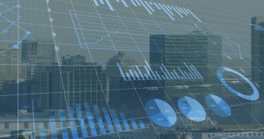 Skyline 3D ızgarada yükselen çizelgeler, yükselen çizgiler, kavrayış için dönen turta halkaları. Fütüristik, veri, analitik, görselleştirme, minimalist, dijital, teknoloji