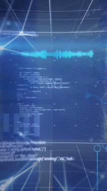 Dünya 'nın animasyonu, grafikler, bilgisayar dili, çizgilerle bağlantılı noktalar üzerinden daireler yükleme. Dijital olarak üretilmiş, hologram, illüstrasyon, küreselleşme, iletişim, kodlama, rapor ve teknoloji.