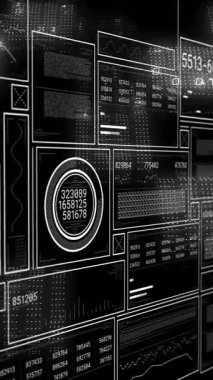 Animasyon, okulda parlayan sayısal görüntülere sahip geleceksel veri panellerini gösteriyor. technology, digital, innovation, education, analytics, interface