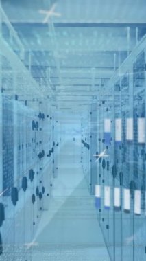 Animation of mathematical equations and data processing over server room. Global technology, computing and digital interface concept digitally generated video.